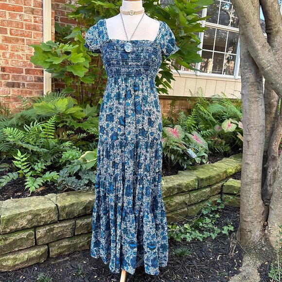 Free People Getaway Blue Tiered Smocked Midi Dress Sz XS - Picture 1 of 8